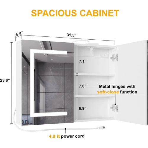 Bathroom Medicine Cabinet with Mirror LED Lights Wall Mount Storage Anti Fog Power Outlets Dimmable 3 Color Temp 31.5 x 23.6